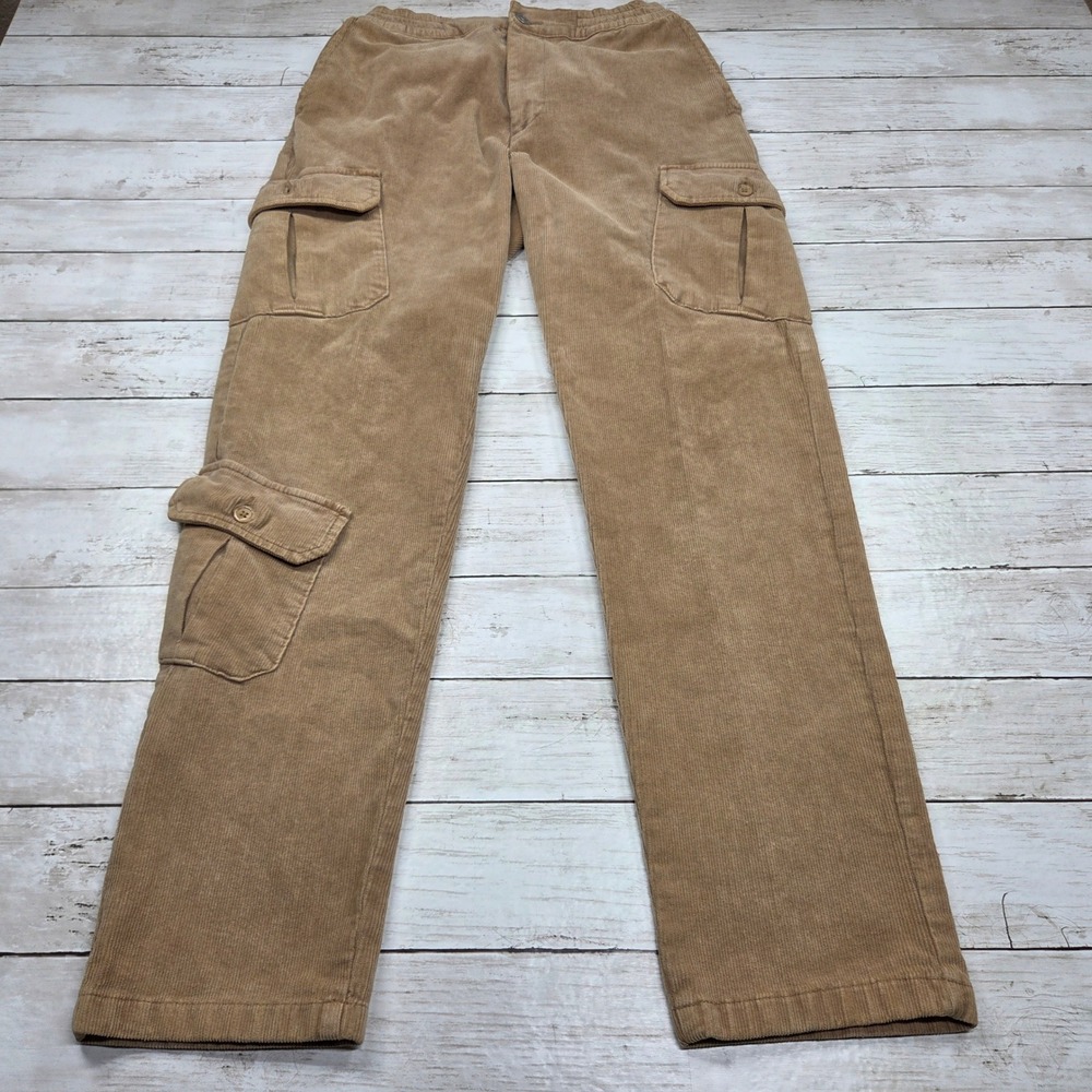 Forever 21 Corduroy Cargo Pants Straight Leg Mens 32 Tan Utility Multi-Pocket